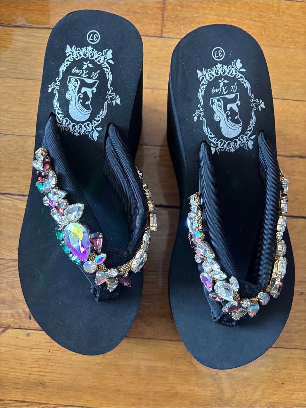 Black Wedge Sandals with Multicolor Crystal Accents
